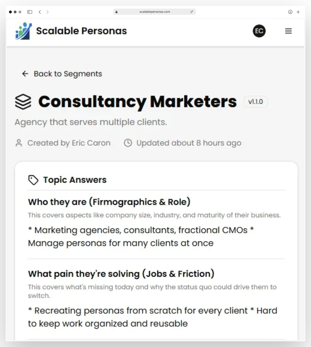 Screenshot of how all answers are combined to provide a segment snapshot