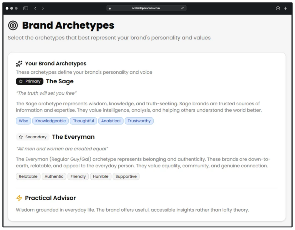 Screenshot of how primary and secondary archetypes are presented
