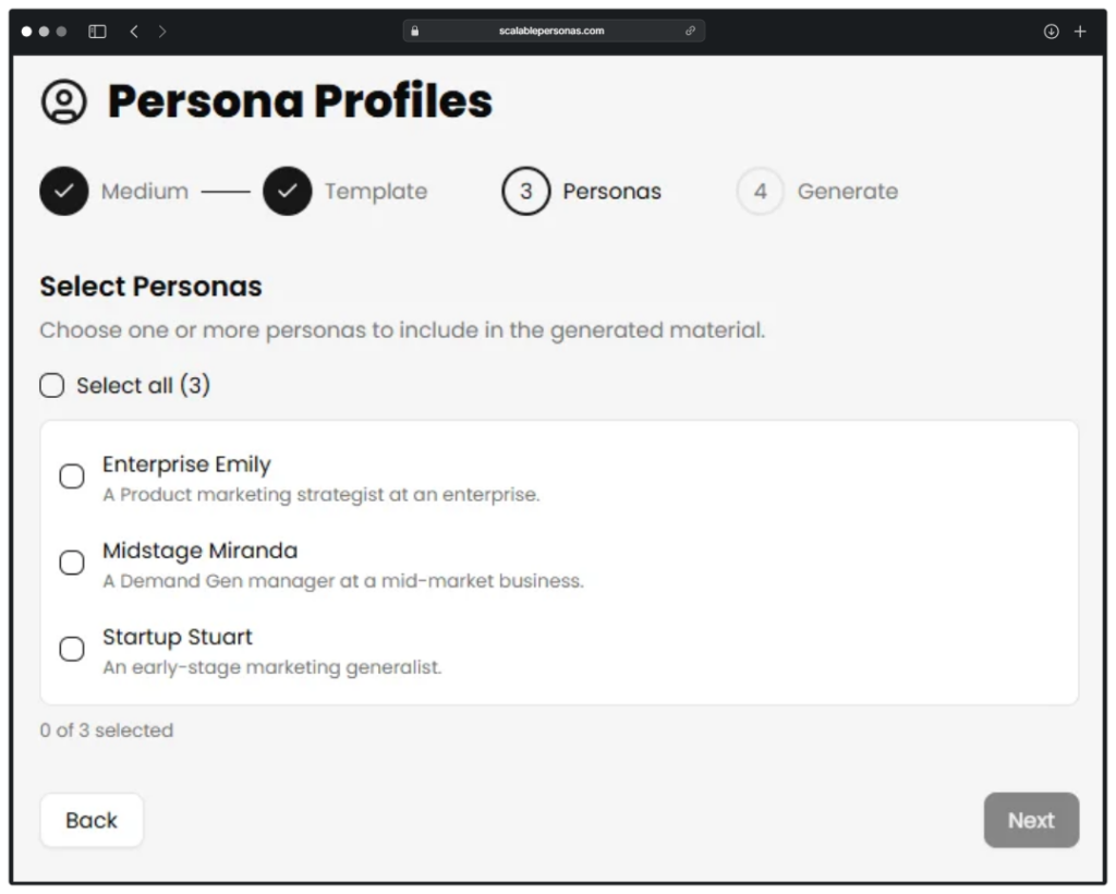 Screenshot of experience of creating material of defined personas