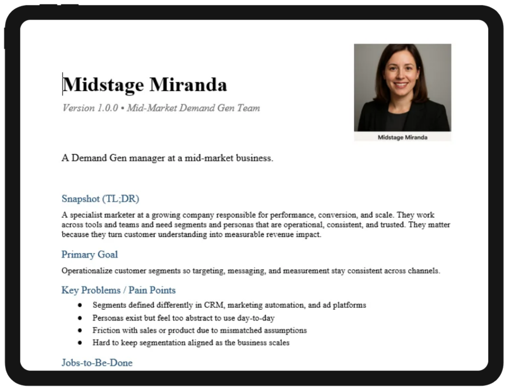 Mockup of a one-page persona on a tablet