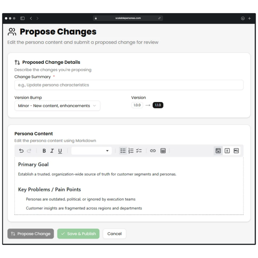 Screenshot of the process to propose changes to a persona