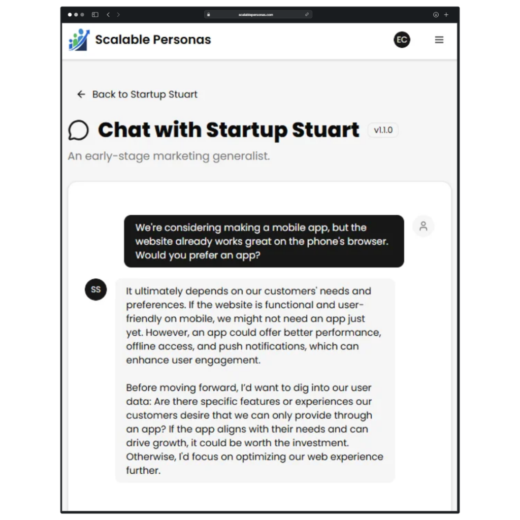 Screenshot of using AI to interact with designed personas